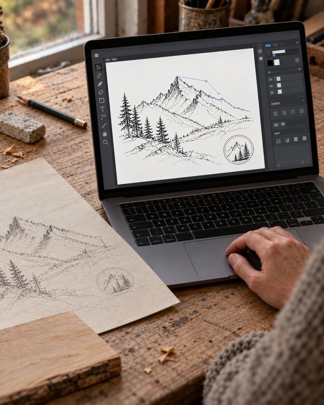Laptop mit der digitalen Vorlage der Bergkette, daneben die Skizze