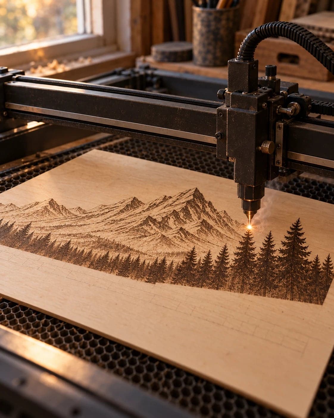 Der Laser graviert die Bergkette mit Tannen in eine Holzplatte